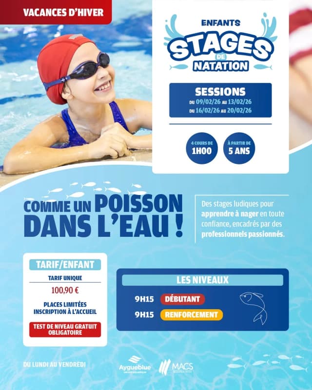 Stages de natation enfants – Vacances d’hiver (session du 9 au 13 février)