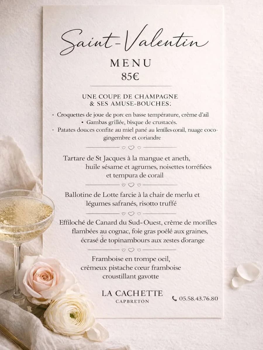 Dîner Saint-Valentin à La Cachette (menu spécial)