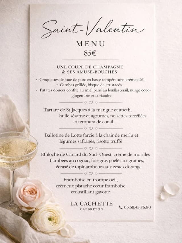 Dîner Saint-Valentin à La Cachette (menu spécial)